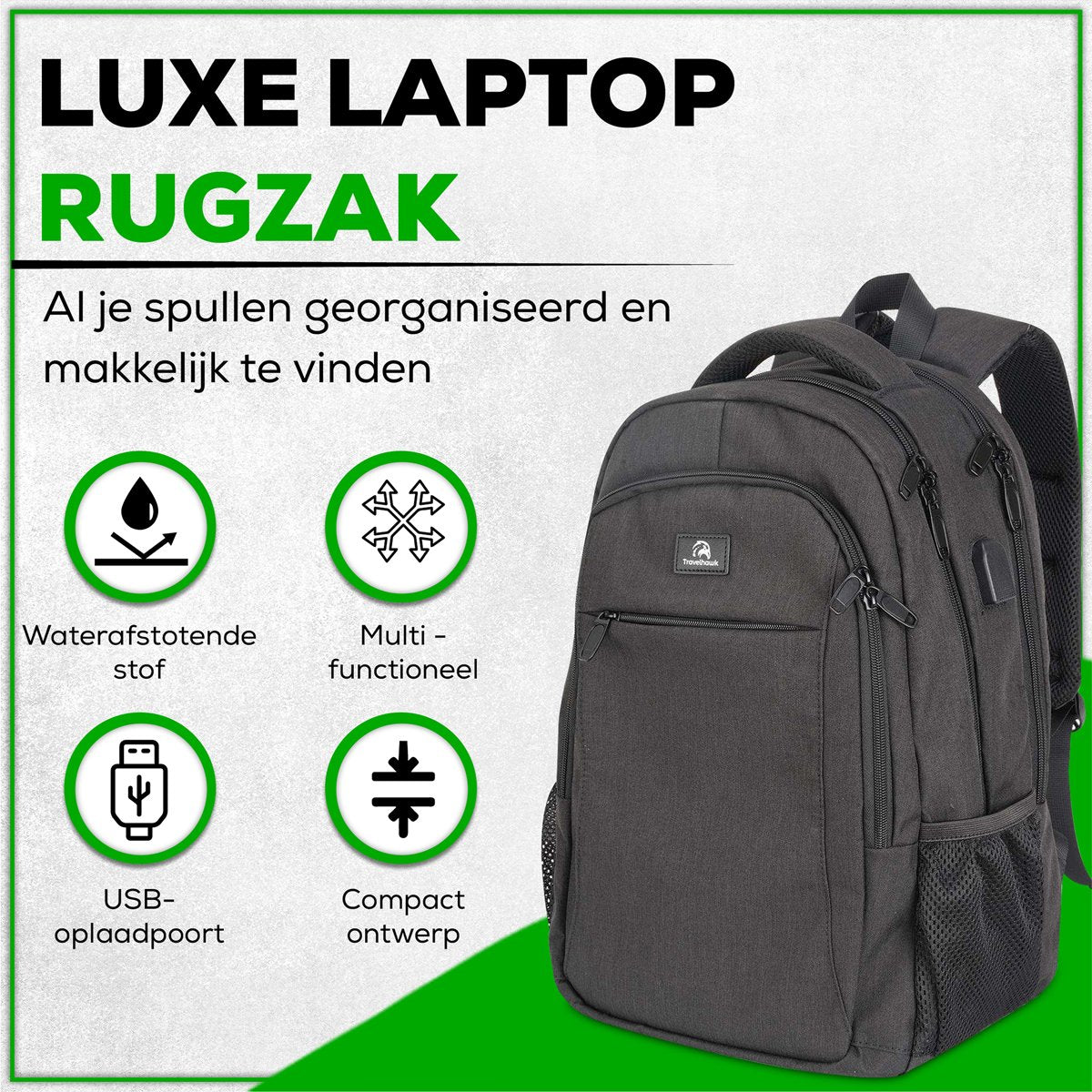 Travelhawk 28 liter rugzak met USB-poort - Black
