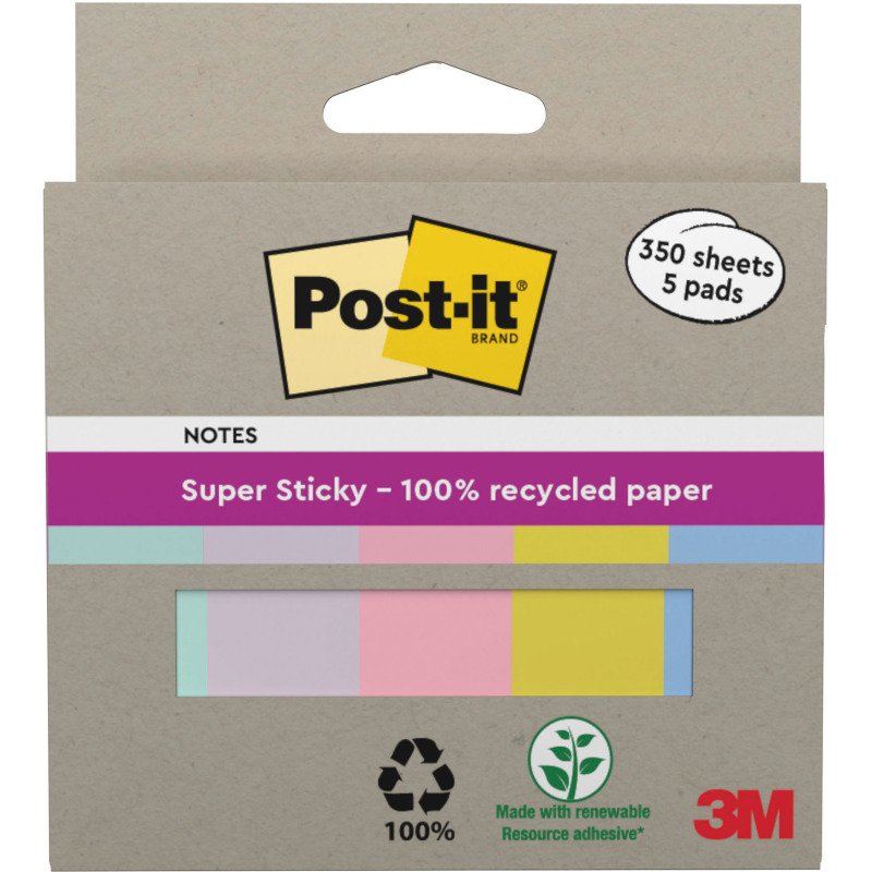 Pack de 5 lot de marque-pages papier repositionnable couleurs pastel Post-it 50 x 15 mm - distributeur de 70 feuilles