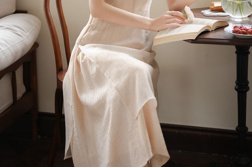 Fioridi - Set: Hanfu lange top met korte mouwen + spaghettibandjes effen midi A-lijn jurk