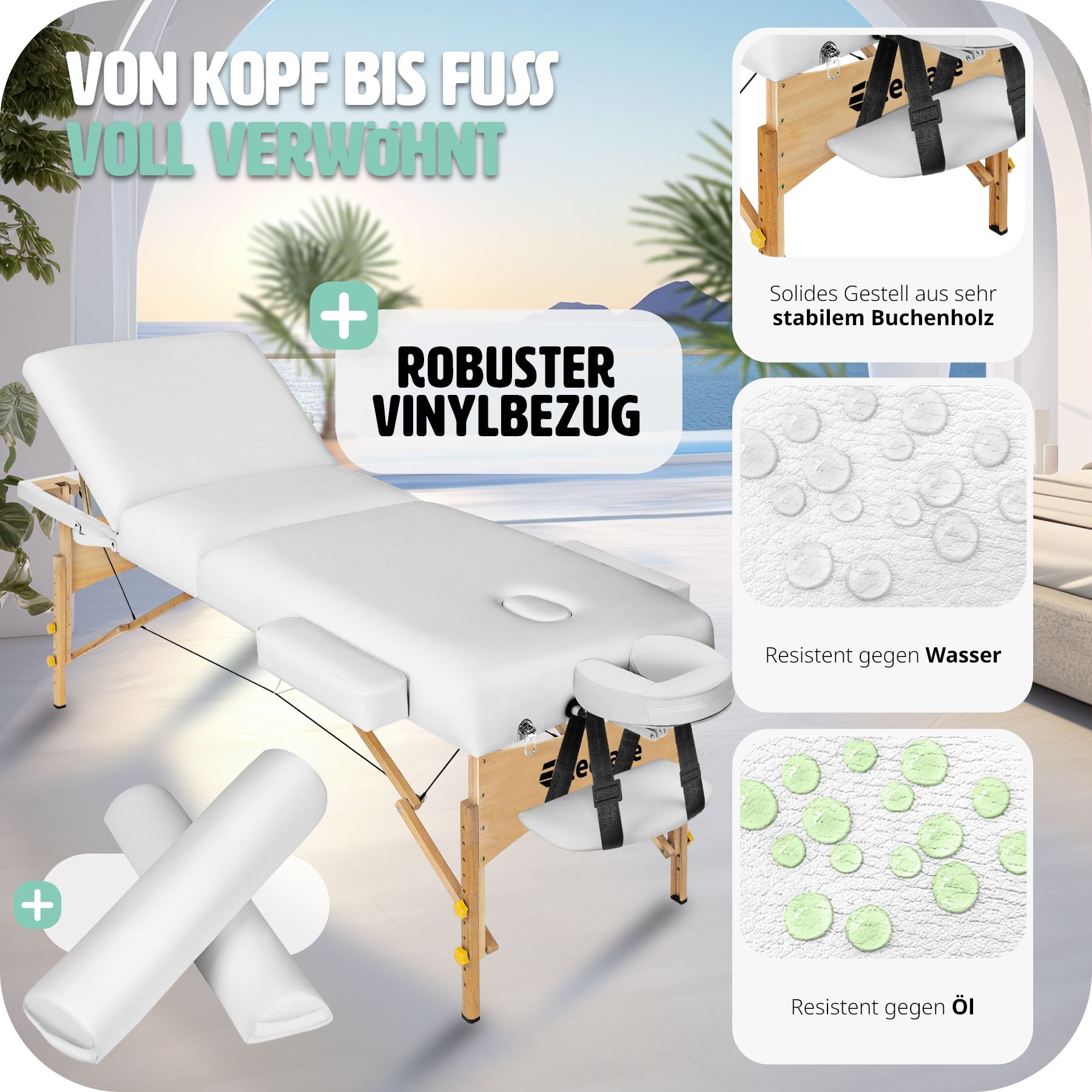 tectake® 3 Zonen Massageliege-Set, inklusive Lagerungsrollen und Tragetasche, klappbar und höhenverstellbar, 218 x 102 x 65 - 90 cm
