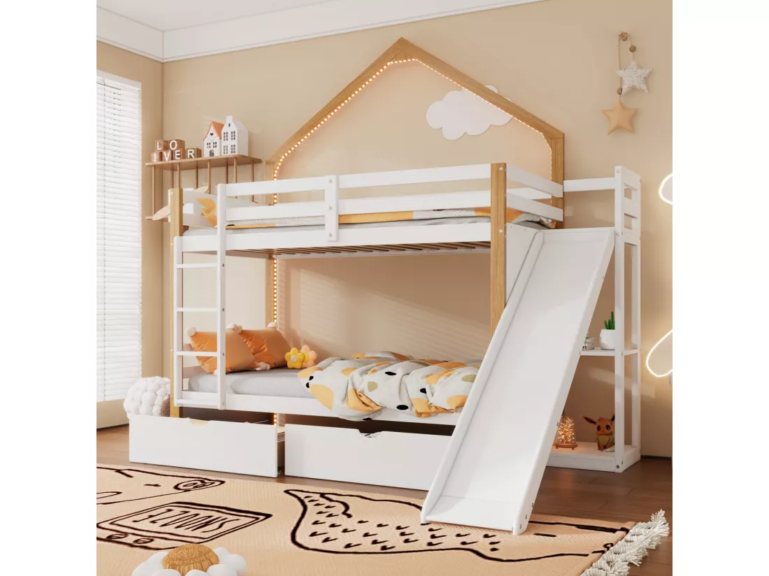 Lits superposés 2 x 90 x 200 cm - 2 tiroirs - avec LED - toboggan - Pin + MDF - Blanc + nature