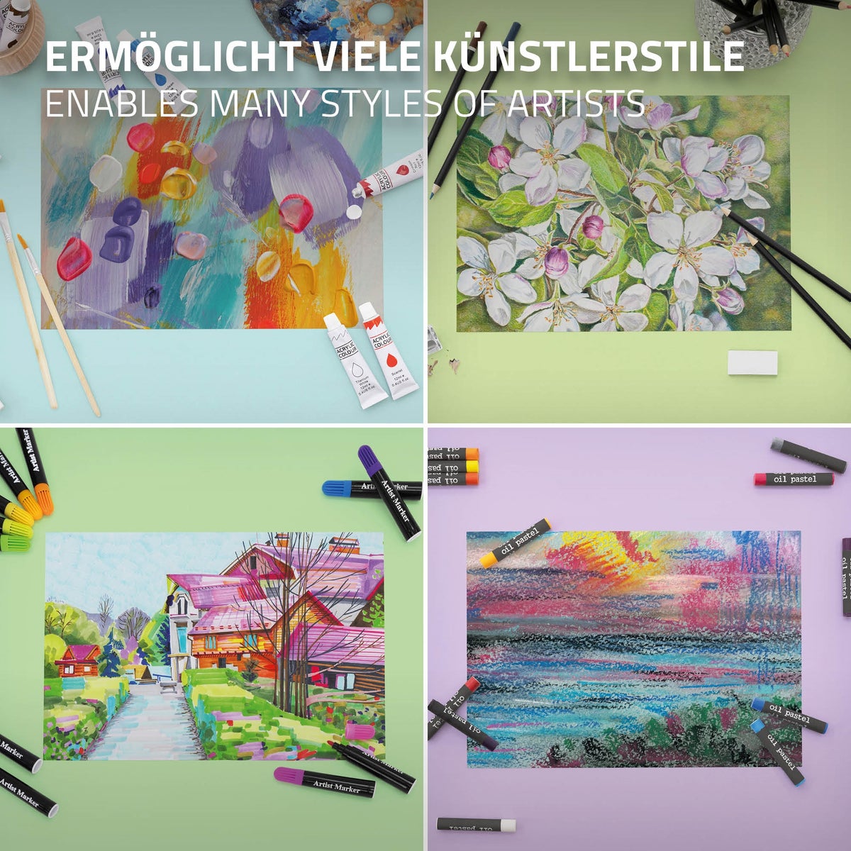 ECD Germany 174-delige schilderset met houten koffer, schilderkoffer voor kinderen en volwassenen, verfdoos, kunst- en tekenset met schildermaterialen, acrylverf, aquarelverf, olieverf, pastelverf, potloden, penselen en accessoires