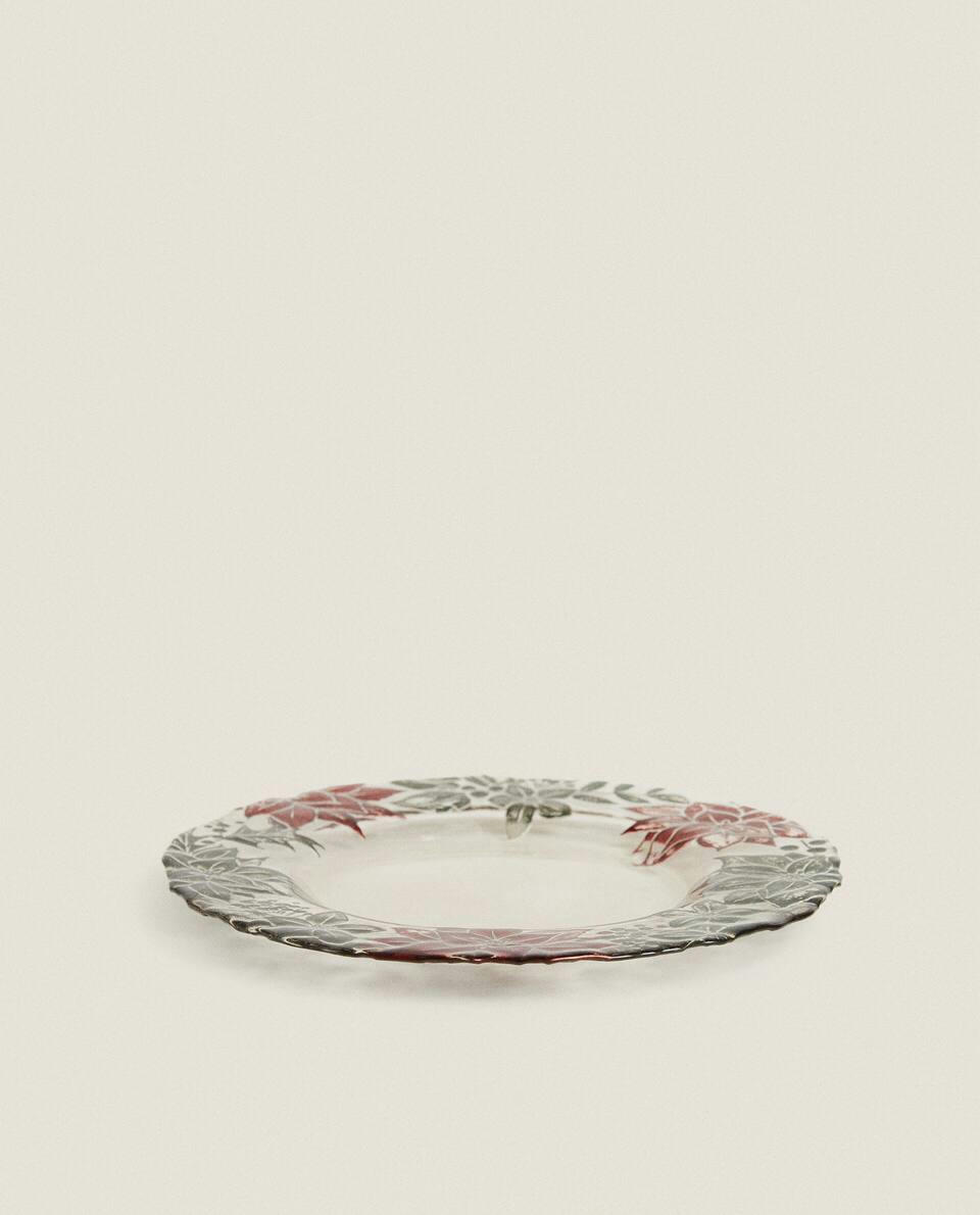 PRATO DE SOBREMESA DE VIDRO COM ESTAMPA DE POINSETTIA