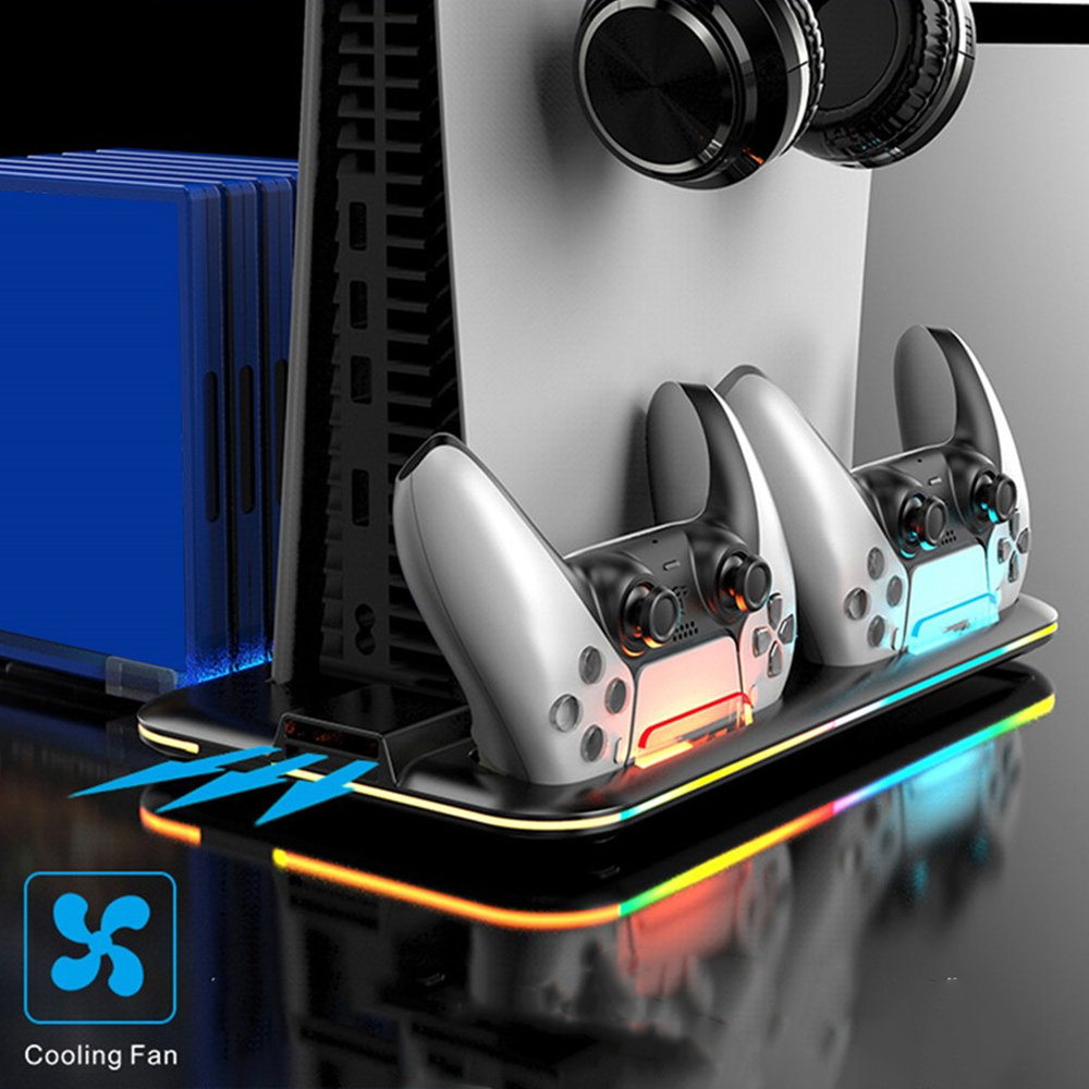 Sony PlayStation PS5 Halterung mit Lüfter und Controller Dual Ladestation   Disk Ständer / Headset Halterung mit RGB LEDs - Weiss