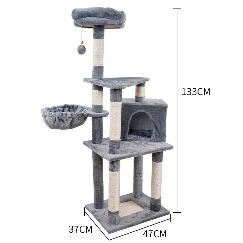 (133cm) Katzen Baum Sisal Kratzsäulen mit Häuschen / Hängematte / Tunnel / Aussichts Plattform - Grau