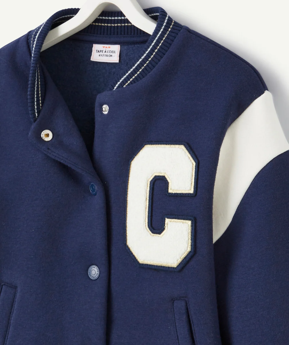 VESTE TEDDY FILLE EN FIBRES RECYCLÉES BLEU MARINE AVEC PATCH LETTRE