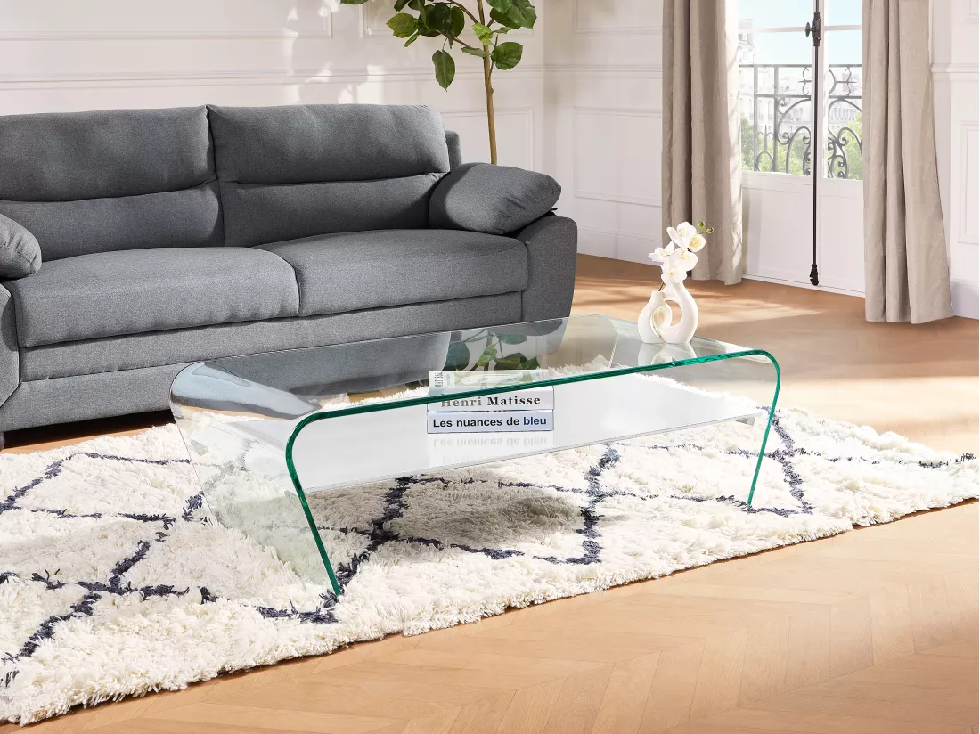 Table basse - Verre trempé - Tablette blanche laquée - KELLY