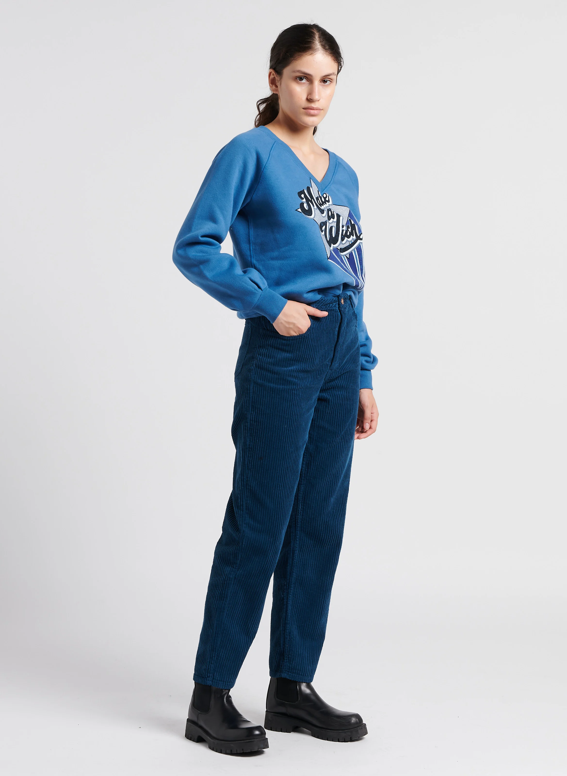 SHIVA - Sweat col V sérigraphié en coton mélangé| Bleu
