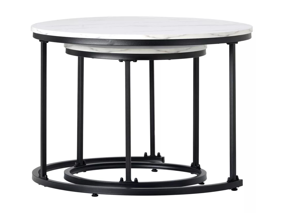 Lot de 2 tables basses gigognes, table d'appoint ronde en MDF, placage marbré, blanc