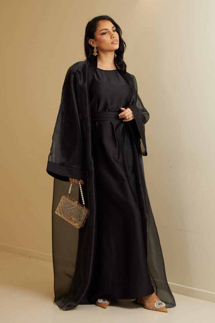 Ensemble 2 pièces abaya + kimono ceinturé noir