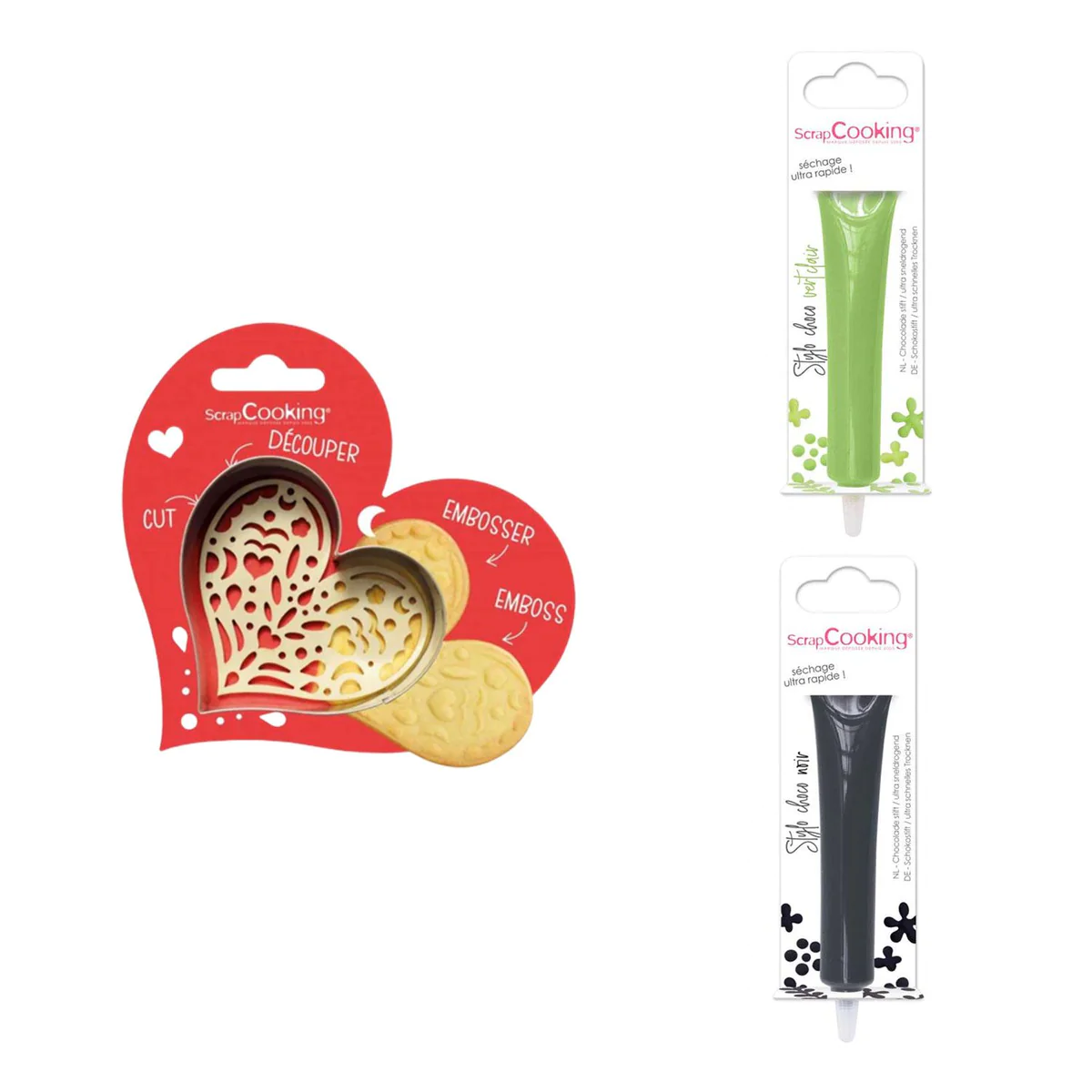 Kit pour biscuit en relief Coeur + 2 Stylos au chocolat vert clair et