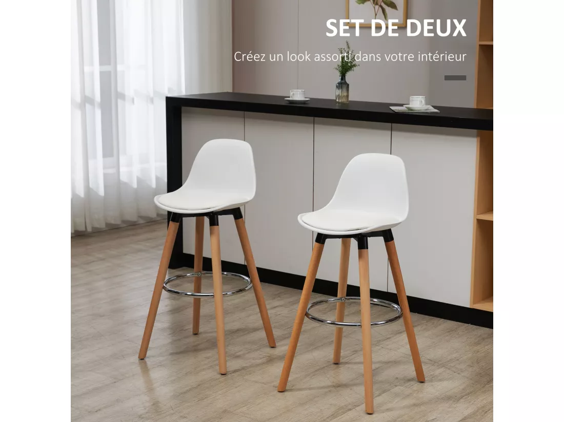 Tabourets de bar style scandinave - lot de 2 tabourets de bar avec repose-pieds - piètement bois de hêtre assise PU blanc