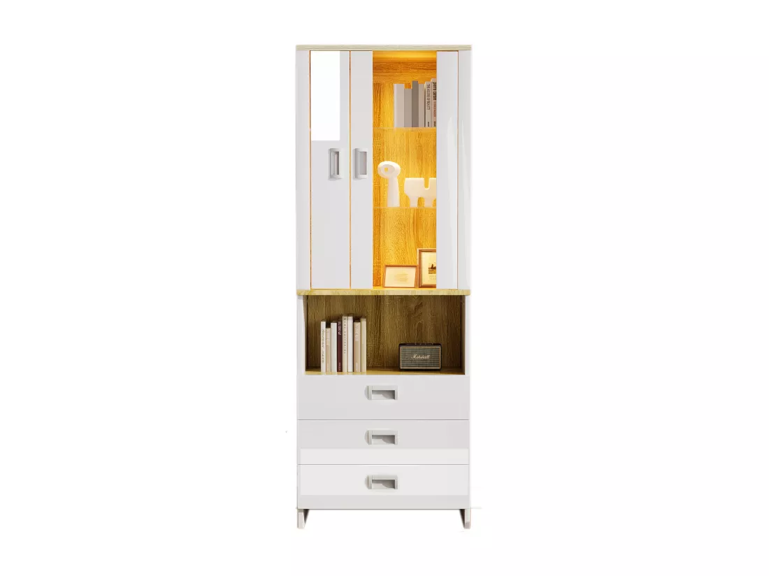 Vitrine H 180cm avec LED - 2 portes et 3 tiroirs - Blanc