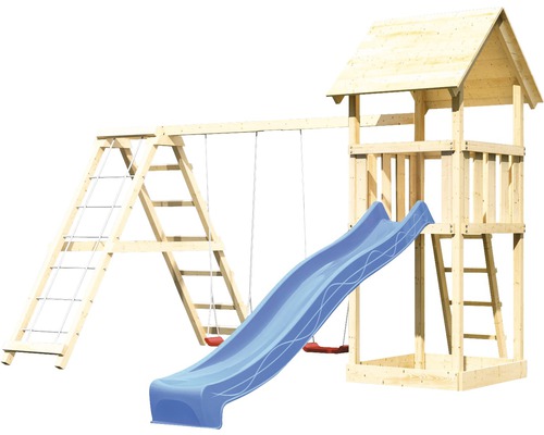 AKUBI Lotti houten speeltoren met zandbak, dubbele schommel, klimrek en glijbaan, blauw