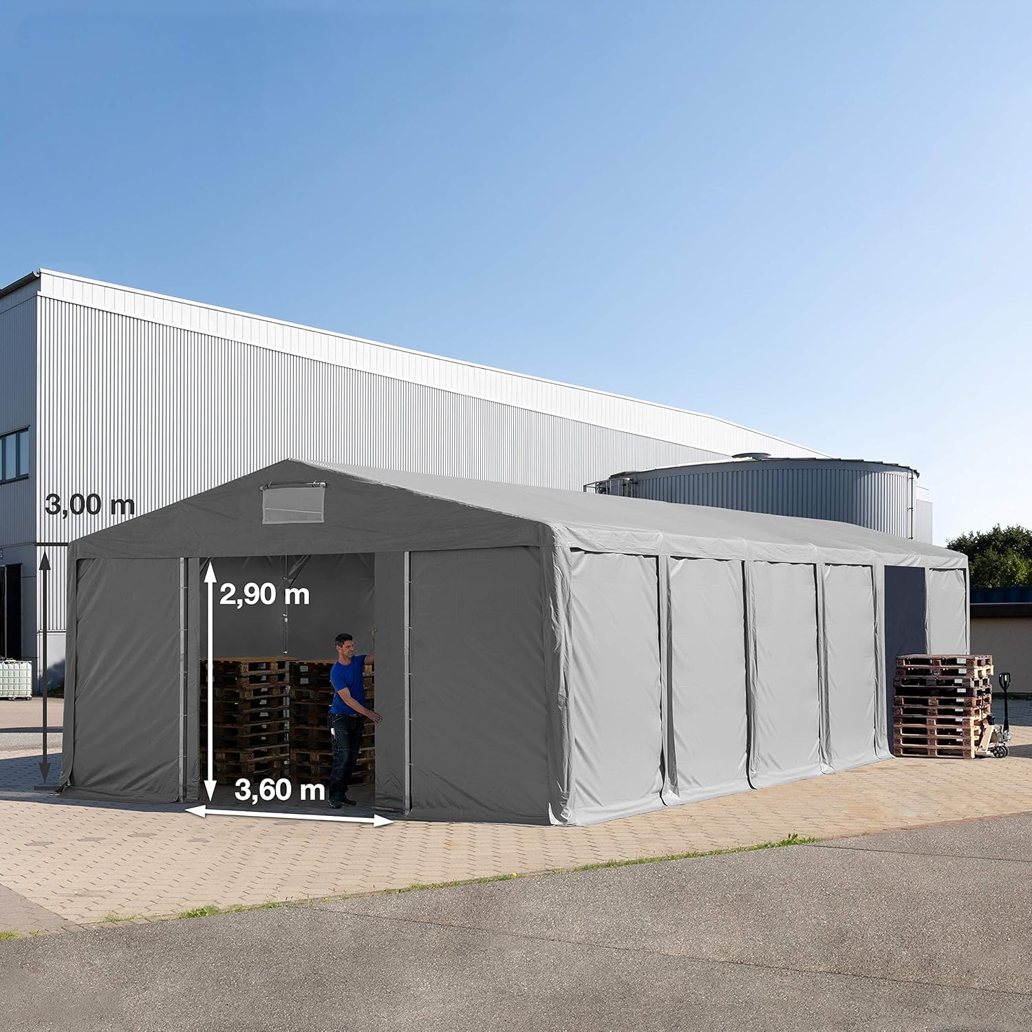 TOOLPORT Lagerzelt Industriezelt 8x12 m Zelthalle mit 3m Seitenhöhe PVC Plane 850 N grau wasserdicht Ganzjahreszelt mit Schiebetor
