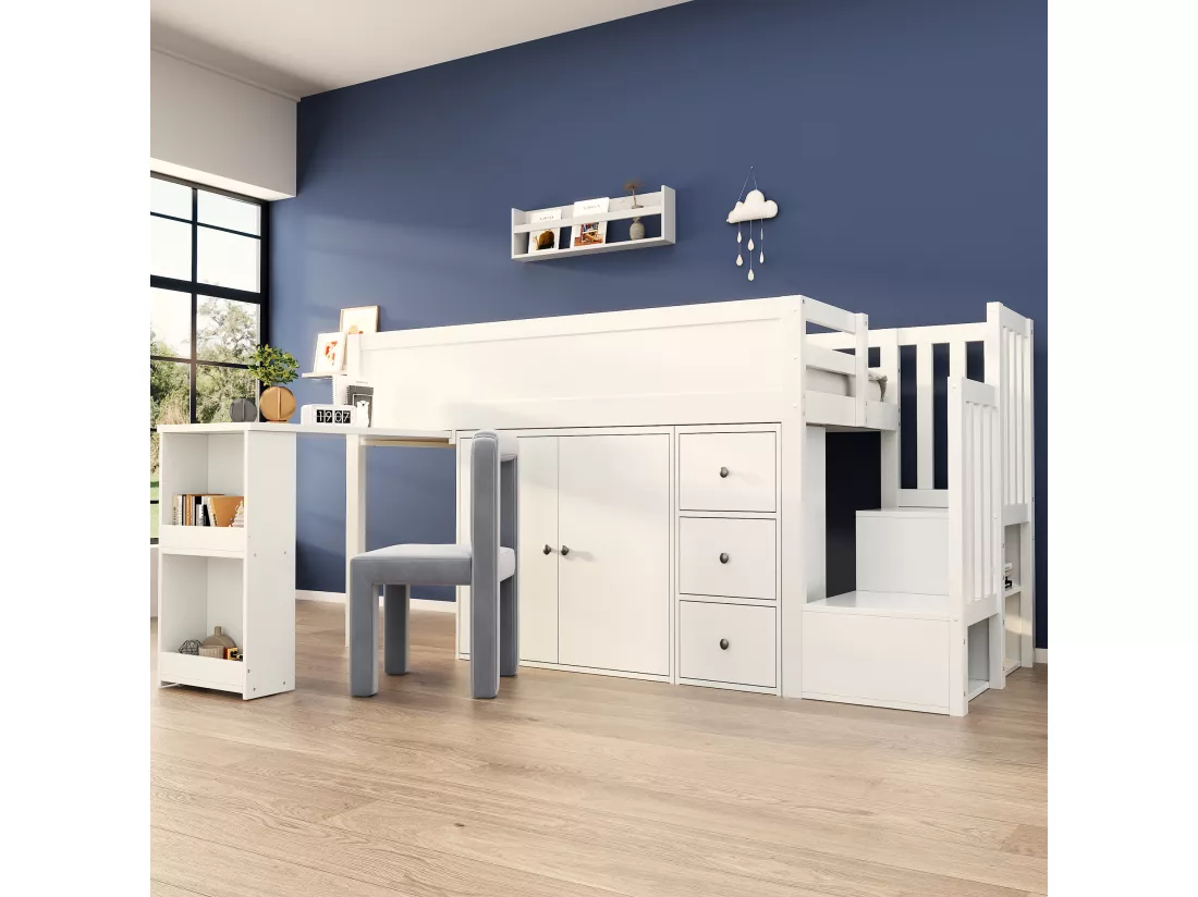 Lit mezzanine 90 x 200 cm avec bureau coulissant, armoire et 3 tiroirs - MDF - Blanc (sans matelas)