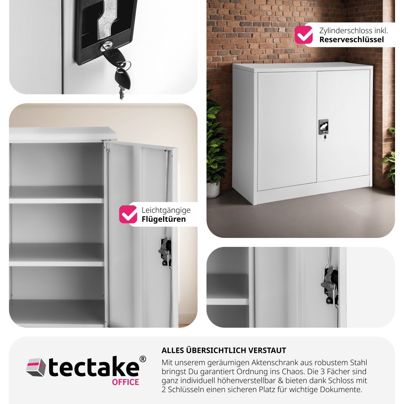 tectake® Aktenschrank, aus pulverbeschichtetem Stahl, 2 höhenverstellbare Einlegeböden, 90 x 40 x 90 cm