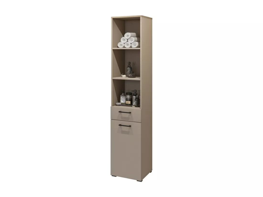 Ensemble de meuble de rangement pour machine à laver collection WASHING – Meuble bas et meuble haut – Taupe et chêne