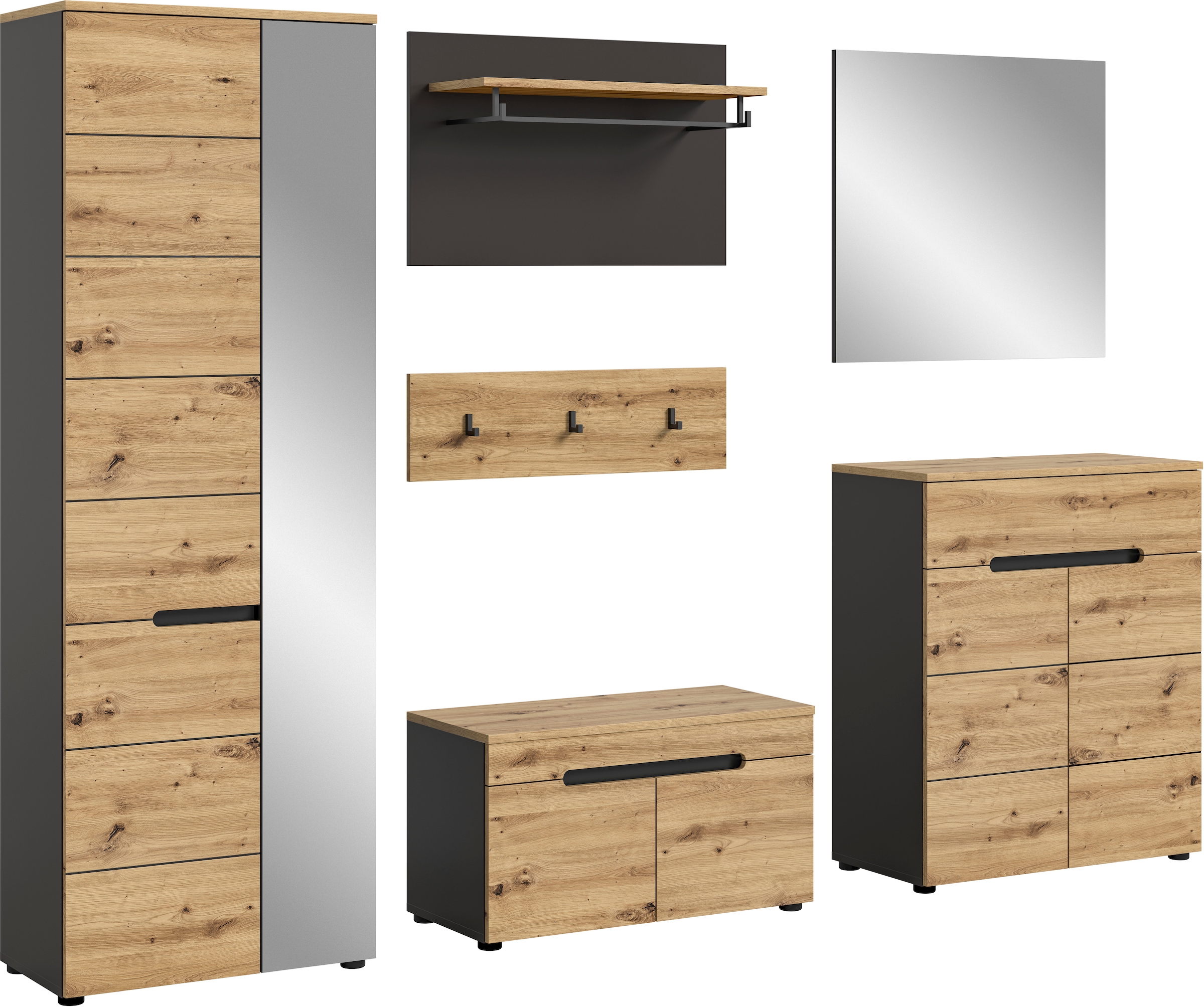 INOSIGN Garderoben-Set »Rehat, Garderobenkombination, Breite 255cm« Garderobenschrank, Sitzbank, Paneel, Hakenleiste, Spiegel, Kommode, 6 Stk. tlg.
