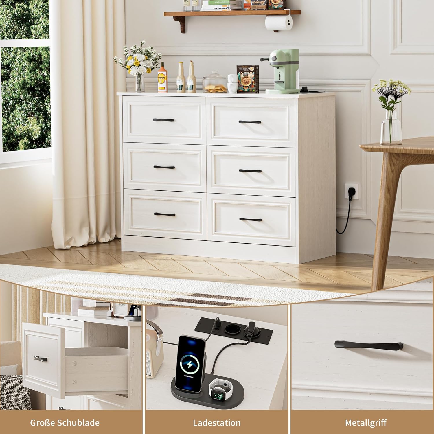 Kommode mit Steckdosen, Komode mit 6 schubladen, 2 USB & 2 AC-Anschlüssen, Komodenschrank Holz, für Schlafzimmer, Wohnzimmer, Flur, 106 x 81.5 x 39 cm, Weiß