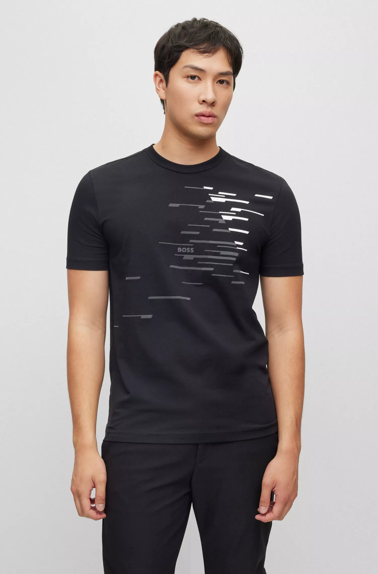 Camiseta BOSS verde de gola redonda em algodão elástico com estampa do logotipo.