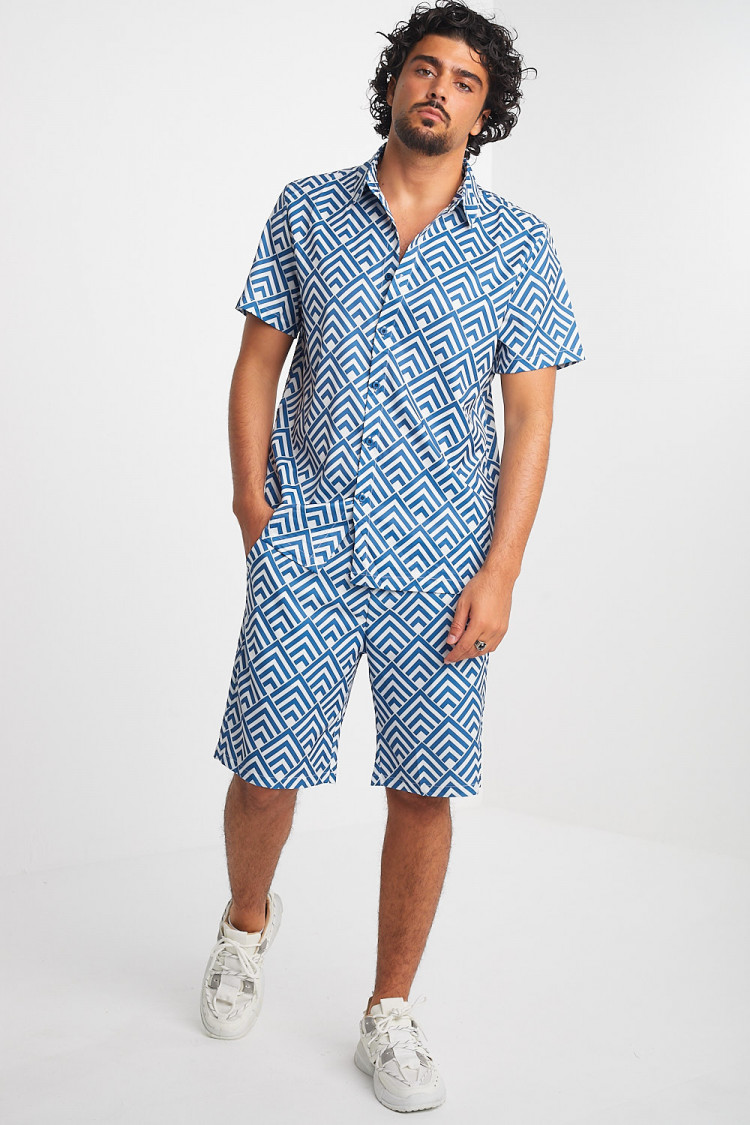 Ensemble 2 pièces chemise + short bleu à motif géométrique