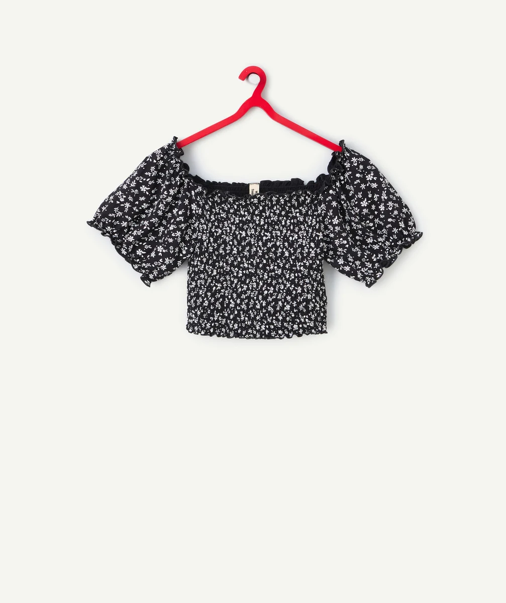 t-shirt manches courtes fille viscose responsable noir imprimé à fleurs
