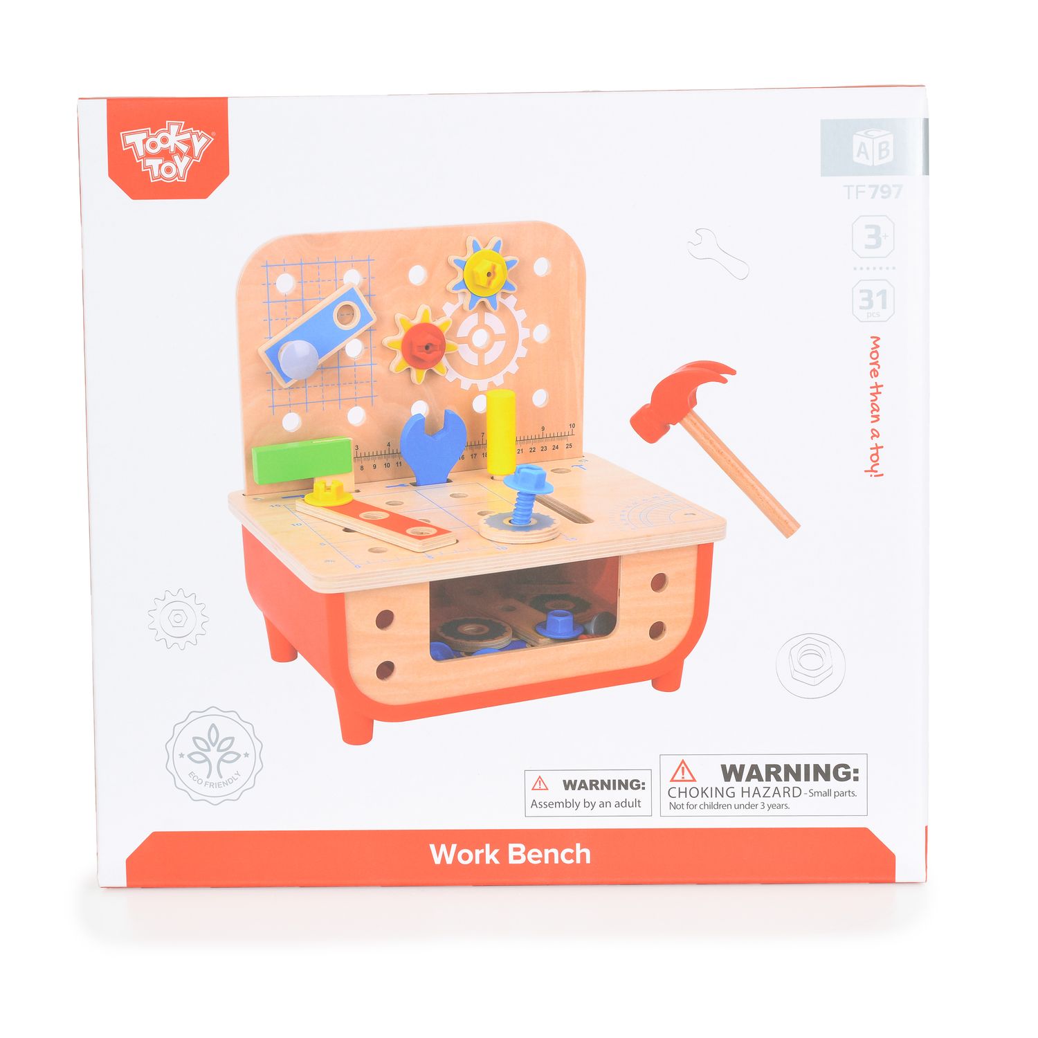 Tooky Toy Kinder Holz Werkbank TF797 Kinderwerkzeug, Hammer, 31 Teile, Schrauben rot