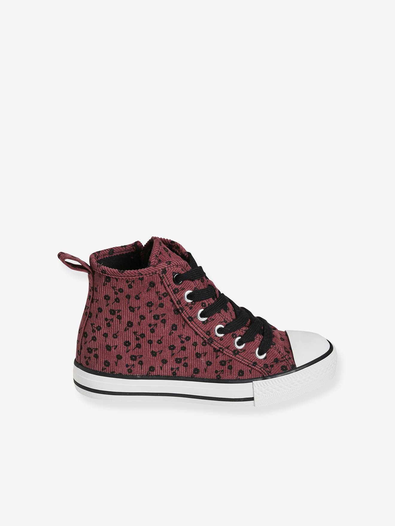 Tênis de cano alto em veludo cotelê com cadarço e zíper, estampa rosa escuro, para meninas.
