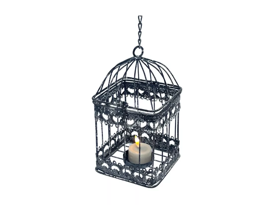 Cage à oiseaux décorative ancienne métal noir 22x10.5x10.5cm