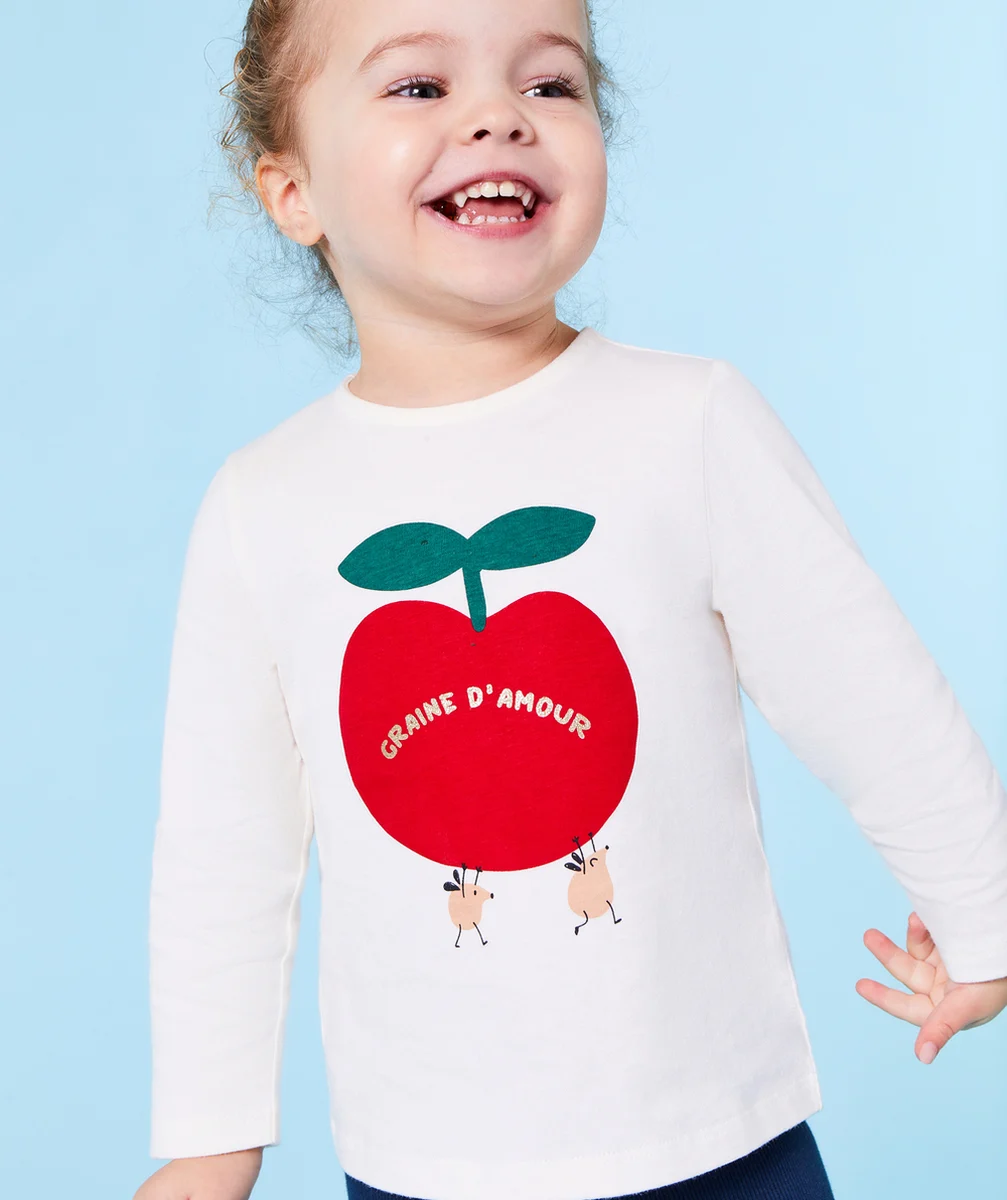 T-SHIRT MANCHES LONGUES BÉBÉ FILLE EN COTON BIO ÉCRU THÈME POMME
