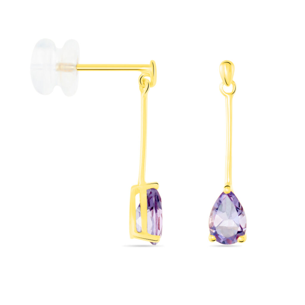 Boucles D'oreilles Pendantes Goutte Or Jaune Amethyste