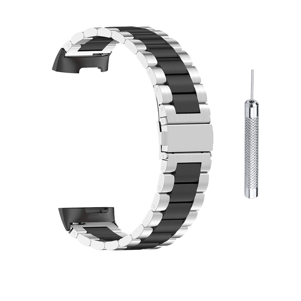 Fitbit Charge 6 / 5 Edelstahl Armband mit Butterfly Verschluss (Gelenkumfang ca. 226m) - Silber / Schwarz