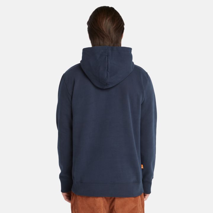 Moletom com capuz e estampa cursiva para homens na cor azul marinho.