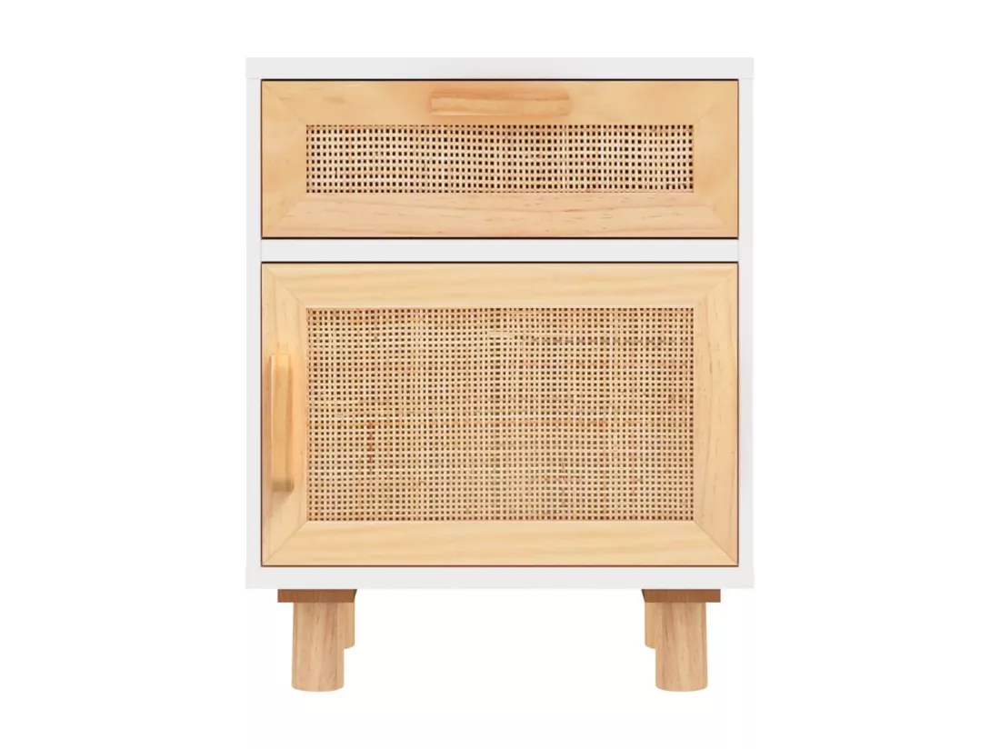 Table de chevet Blanc Bois de pin massif et rotin naturel