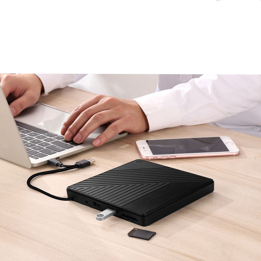 3in1 Slim Super Drive USB C / USB 3.0 CD DVD-RW Externes Laufwerk Brenner mit SD- / MicroSD Card Reader / Dual USB für MacBook / Laptop - Schwarz