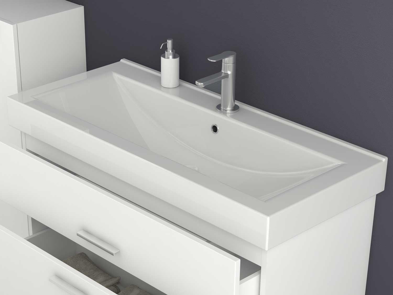 Waschtischunterschrank 100/80 / 60 cm breit Hochglanz Weiß Waschbeckenunterschrank Unterschrank Badmöbel-Set hängend Sieper Girona (100 breite)