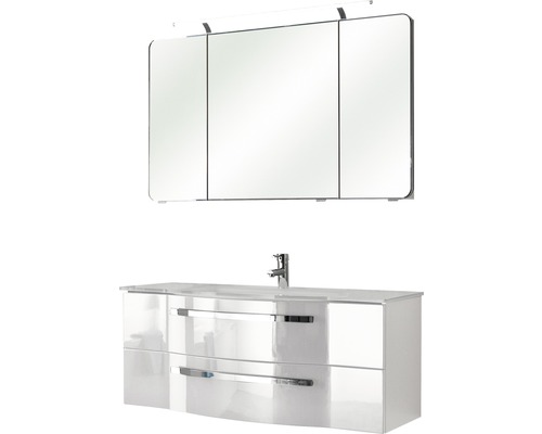 Pelipal Xpressline 4005 badkamermeubelset, BxHxD 120 x 200 x 49 cm, hoogglans witte fronten, met witte glazen wastafel en badmeubel, spiegelkast met LED-verlichting, 992.12001110
