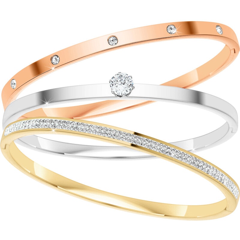 Trio de joncs - Acier inoxydable & cristaux - Argenté, doré & rose gold