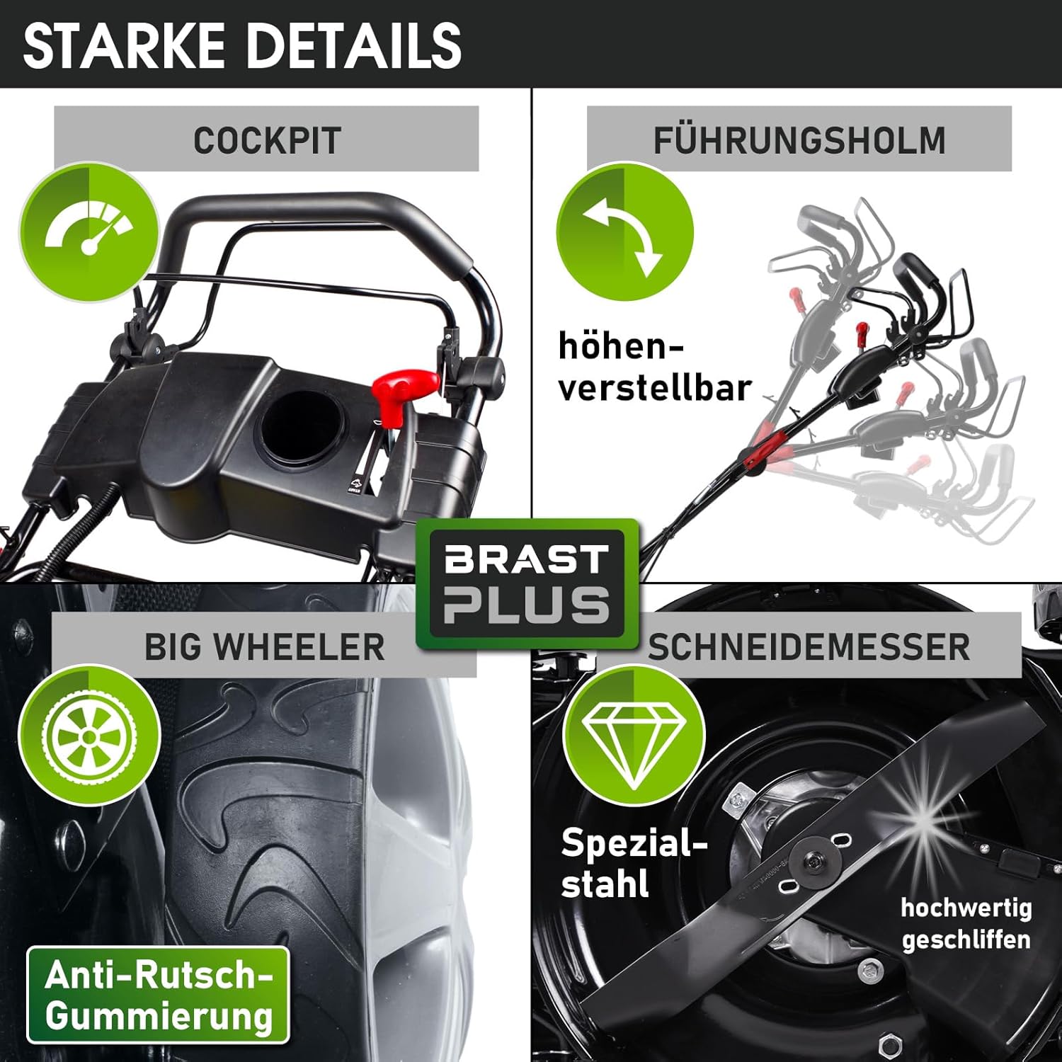 BRAST Benzin Rasenmäher mit Antrieb | 5,2kW(7PS) | Elektrostart | 48cm Schnittbreite | viele Modelle | TÜV | 4 Takt OHV Motor | 30-80mm Schnitthöhe | 60L Fangkorb | Stahlgehäuse | 19224 ESTART