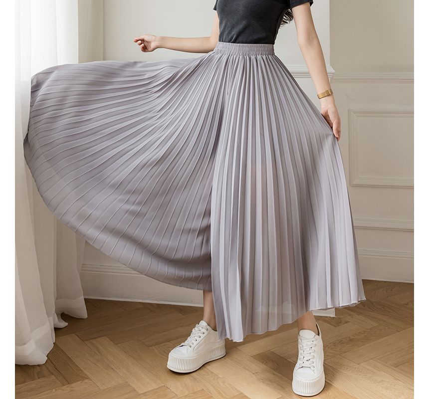 Dragan Pulse - Elastische taille, effen geplooide chiffon cropped broek met wijde pijpen