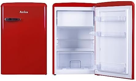 Amica KSR 361 160 R Kühlschrank mit Gefrierfach/Chili Red (Rot) / 88cm Höhe/Retro-Design/LED-Beleuchtung/Gemüseschublade