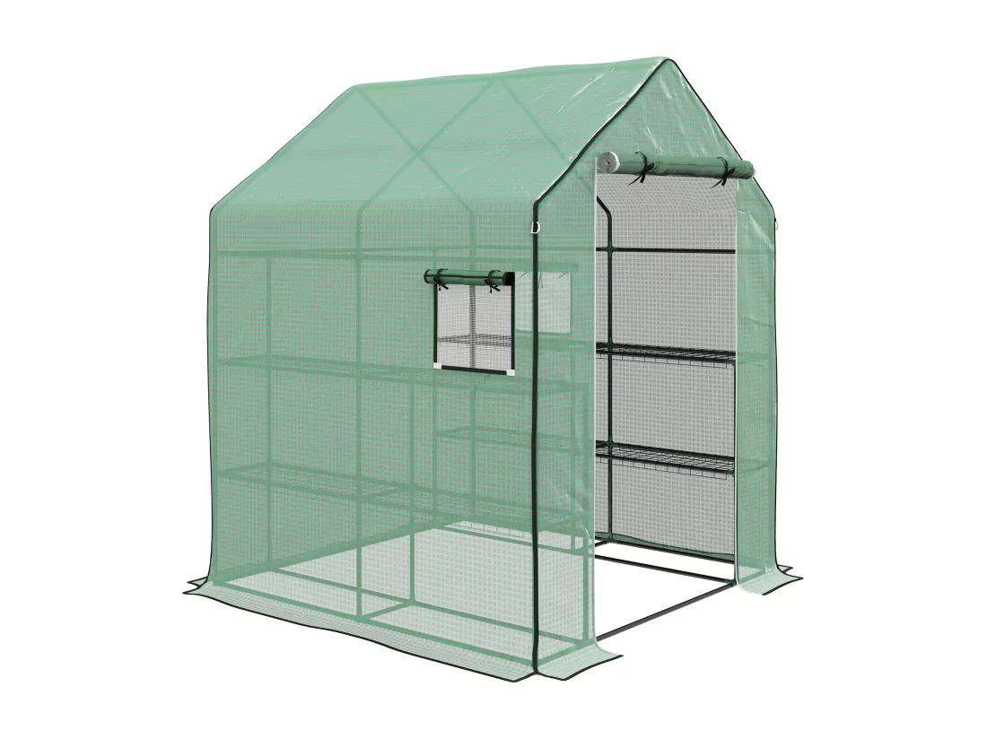 Serre de jardin 4 tablettes dim. 1,4L x 1,43l x 1,9H m porte déroulante fenêtre acier PE haute densité vert