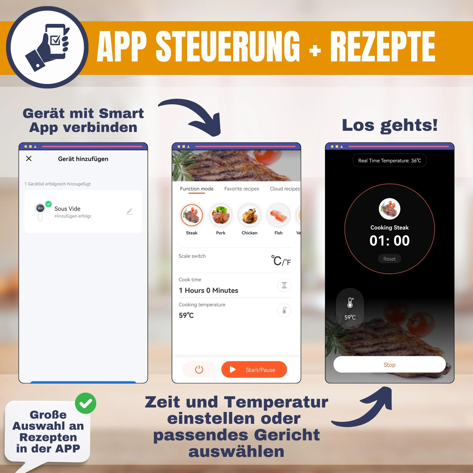 Sommertal TS1300 Sous Vide Stick Garer Stab, WiFi WLAN App Steuerung, Präzisionskocher Temperatureinstellung 0°C bis 90°C, wasserfest IPX7, Timer, Smart Home, 1300W, TÜV GS geprüft