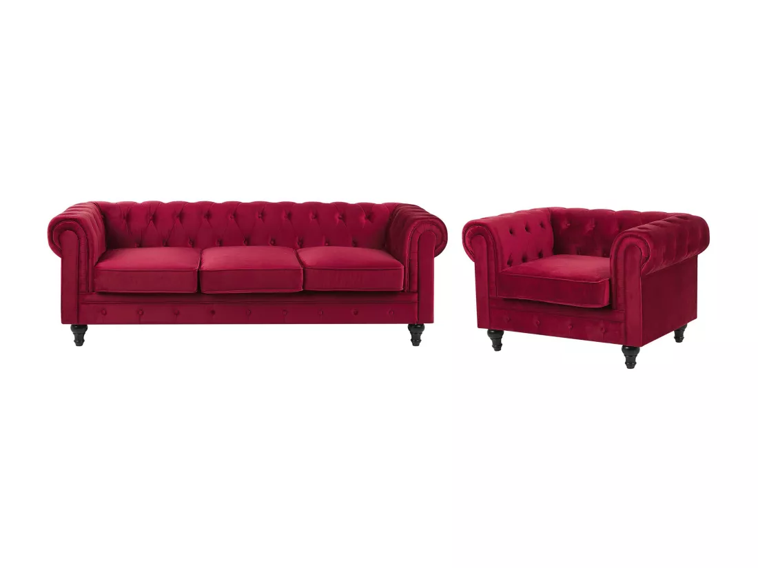 Ensemble canapé et fauteuil en velours rouge foncé 4 places CHESTERFIELD