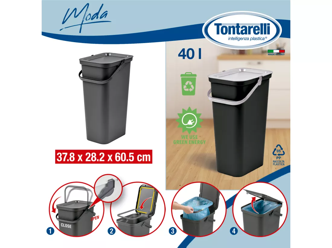 Set de 3 poubelles avec poignée graphite, sauge et blanc 40L