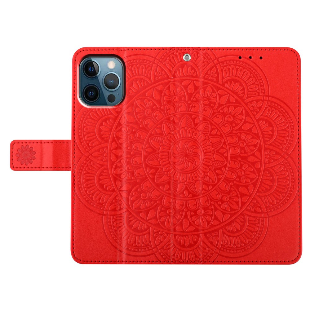 iPhone 16 Pro Max Leder Tasche Wallet - Mandala Flowers Imprint - Rot