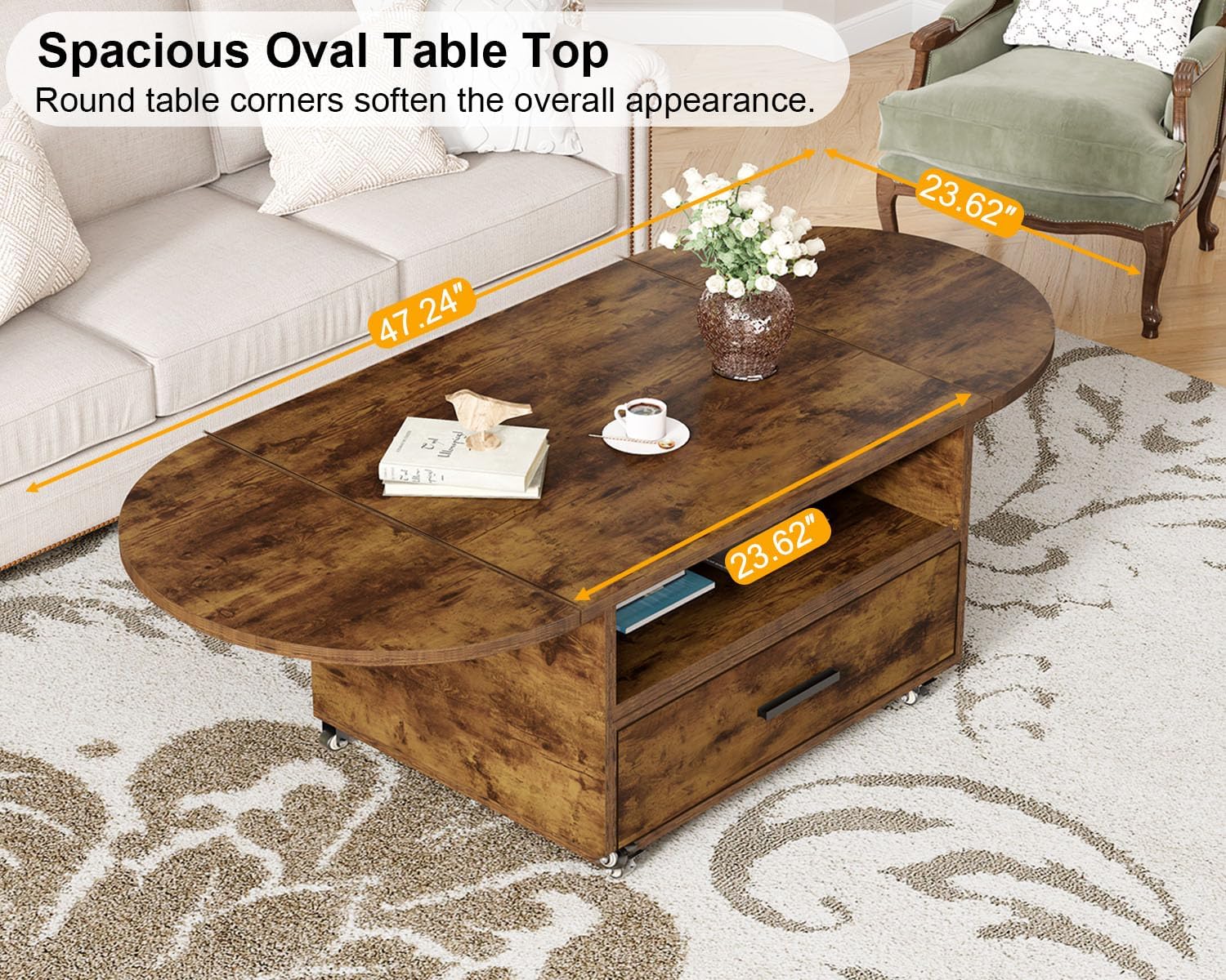 IBF Couchtisch Mit Schublade Stauraum Holz Oval Couchtisch Wohnzimmer Tisch Modern Ausziehbarer Mitteltisch Für Schlafzimmer Multifunktional Rollbarer Teetisch Beistelltische Rustikal Braun 120 cm