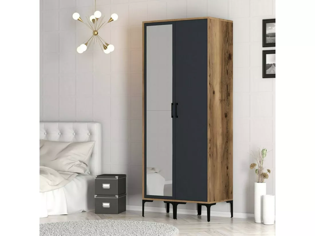 Garde-robe 2 portes Dbergonz, Meubles de chambre, Penderie de plain-pied, Placard à vêtements, 80x201h48 cm, Noyer et Anthracite