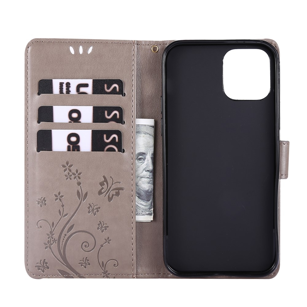 iPhone 12 / iPhone 12 Pro Leder Tasche mit Kartenfach   Handschlaufe Butterfly Flowers - Grau